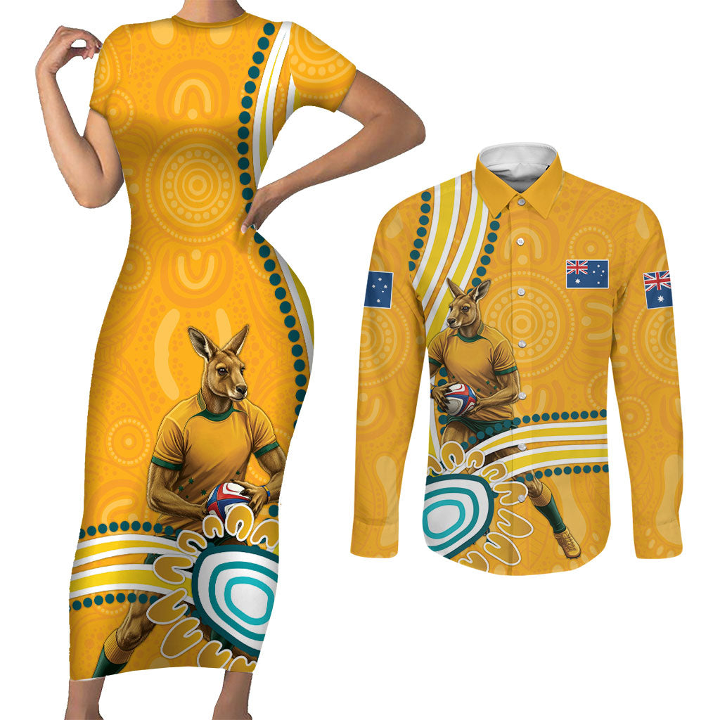 Personalised Australian Rugby Wallabies Couples Matching Short Sleeve Bodycon Dress and Long Sleeve Button Shirt Aboriginal Art Kangaroo Player Design