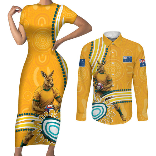 Personalised Australian Rugby Wallabies Couples Matching Short Sleeve Bodycon Dress and Long Sleeve Button Shirt Aboriginal Art Kangaroo Player Design