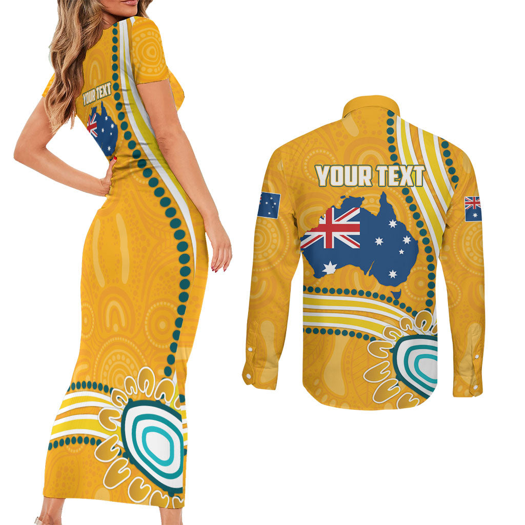 Personalised Australian Rugby Wallabies Couples Matching Short Sleeve Bodycon Dress and Long Sleeve Button Shirt Aboriginal Art Kangaroo Player Design
