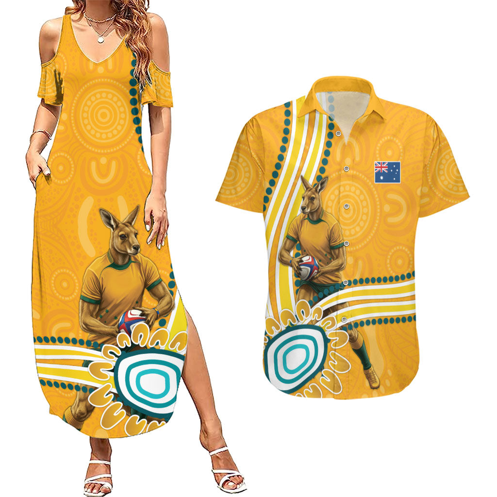 Personalised Australian Rugby Wallabies Couples Matching Summer Maxi Dress and Hawaiian Shirt Aboriginal Art Kangaroo Player Design