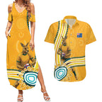 Personalised Australian Rugby Wallabies Couples Matching Summer Maxi Dress and Hawaiian Shirt Aboriginal Art Kangaroo Player Design