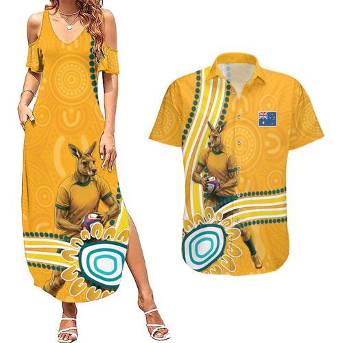 Personalised Australian Rugby Wallabies Couples Matching Summer Maxi Dress and Hawaiian Shirt Aboriginal Art Kangaroo Player Design