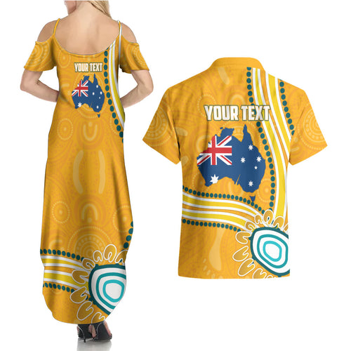 Personalised Australian Rugby Wallabies Couples Matching Summer Maxi Dress and Hawaiian Shirt Aboriginal Art Kangaroo Player Design
