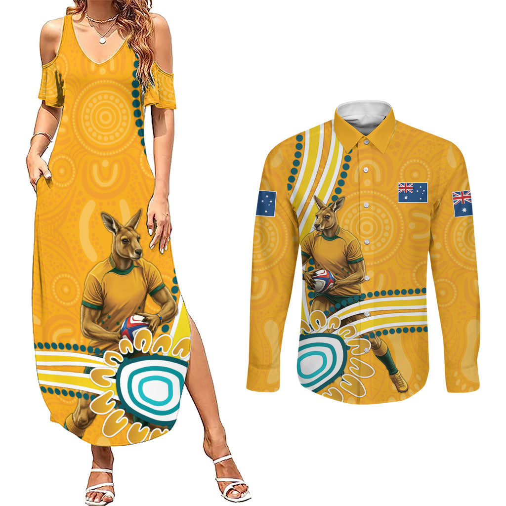 Personalised Australian Rugby Wallabies Couples Matching Summer Maxi Dress and Long Sleeve Button Shirt Aboriginal Art Kangaroo Player Design