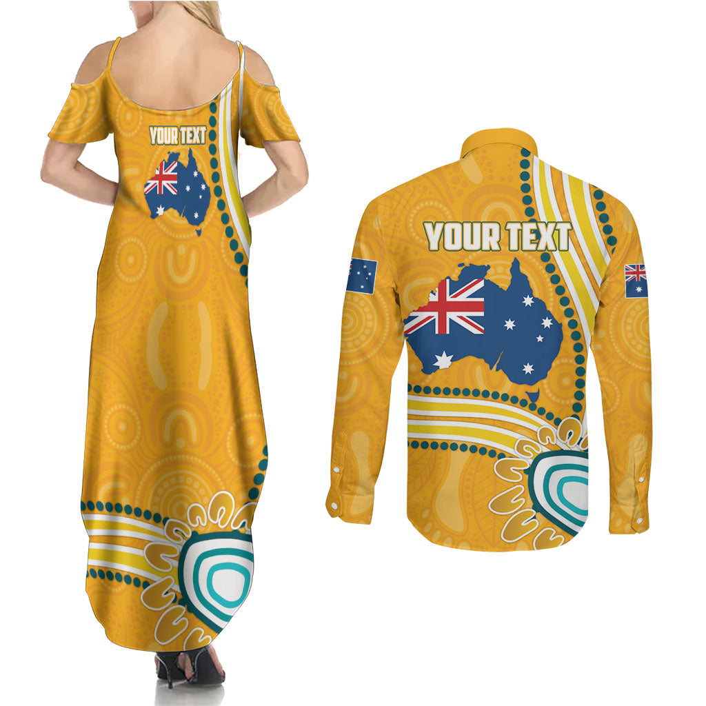 Personalised Australian Rugby Wallabies Couples Matching Summer Maxi Dress and Long Sleeve Button Shirt Aboriginal Art Kangaroo Player Design
