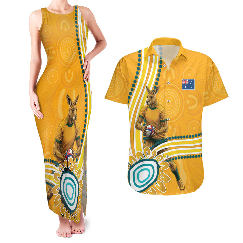 Personalised Australian Rugby Wallabies Couples Matching Tank Maxi Dress and Hawaiian Shirt Aboriginal Art Kangaroo Player Design