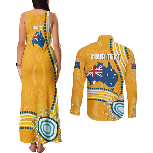 Personalised Australian Rugby Wallabies Couples Matching Tank Maxi Dress and Long Sleeve Button Shirt Aboriginal Art Kangaroo Player Design