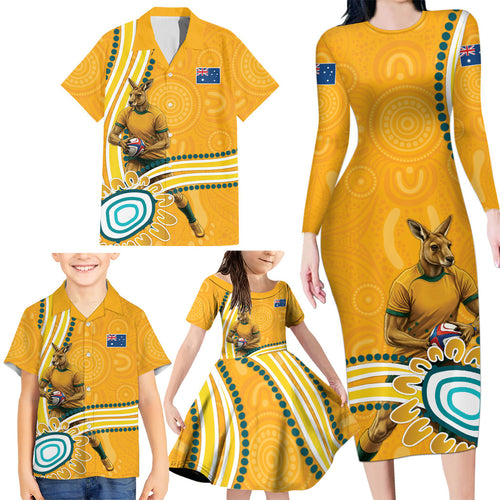 Personalised Australian Rugby Wallabies Family Matching Long Sleeve Bodycon Dress and Hawaiian Shirt Aboriginal Art Kangaroo Player Design