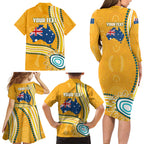 Personalised Australian Rugby Wallabies Family Matching Long Sleeve Bodycon Dress and Hawaiian Shirt Aboriginal Art Kangaroo Player Design