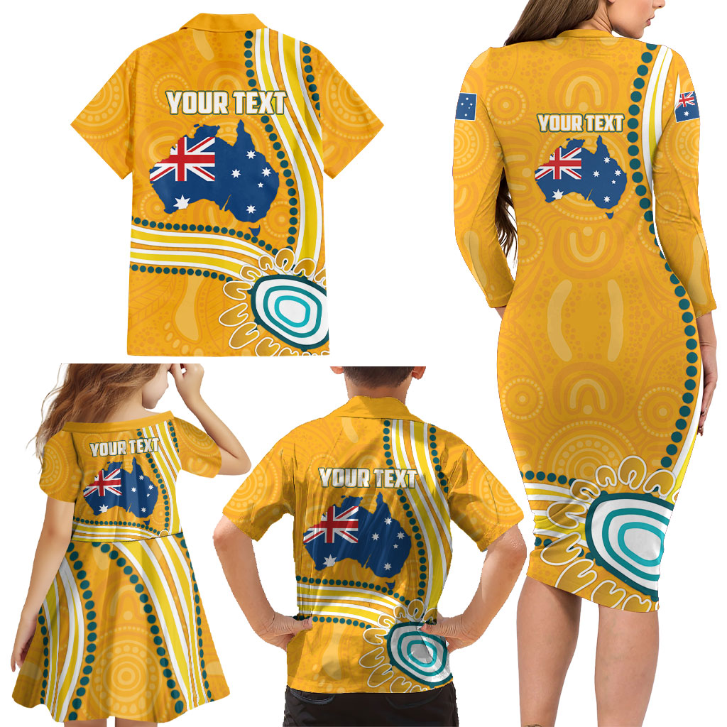 Personalised Australian Rugby Wallabies Family Matching Long Sleeve Bodycon Dress and Hawaiian Shirt Aboriginal Art Kangaroo Player Design