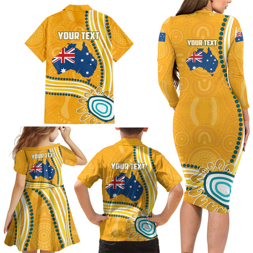 Personalised Australian Rugby Wallabies Family Matching Long Sleeve Bodycon Dress and Hawaiian Shirt Aboriginal Art Kangaroo Player Design