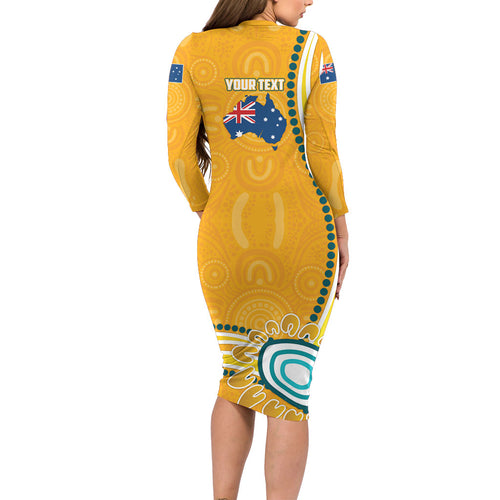 Personalised Australian Rugby Wallabies Family Matching Long Sleeve Bodycon Dress and Hawaiian Shirt Aboriginal Art Kangaroo Player Design