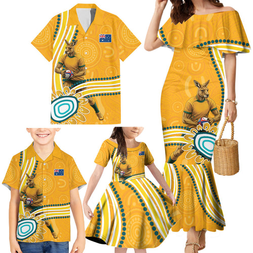 Personalised Australian Rugby Wallabies Family Matching Mermaid Dress and Hawaiian Shirt Aboriginal Art Kangaroo Player Design