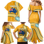 Personalised Australian Rugby Wallabies Family Matching Mermaid Dress and Hawaiian Shirt Aboriginal Art Kangaroo Player Design