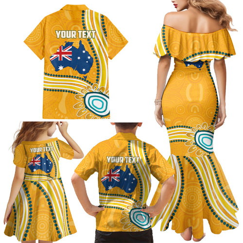 Personalised Australian Rugby Wallabies Family Matching Mermaid Dress and Hawaiian Shirt Aboriginal Art Kangaroo Player Design