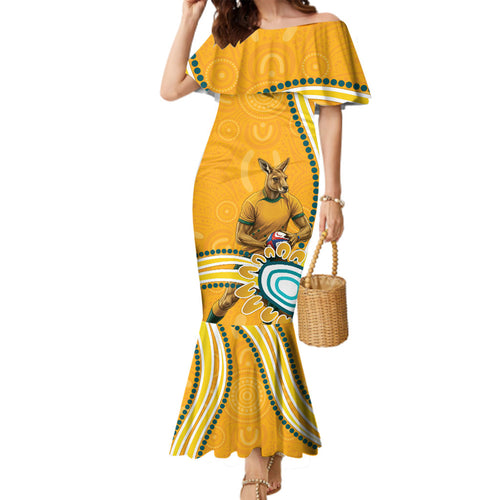Personalised Australian Rugby Wallabies Family Matching Mermaid Dress and Hawaiian Shirt Aboriginal Art Kangaroo Player Design