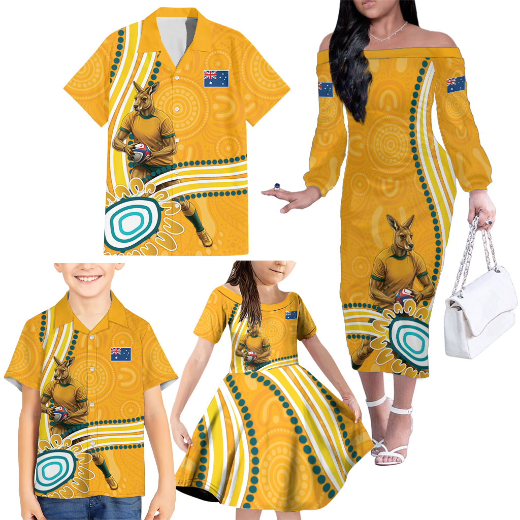 Personalised Australian Rugby Wallabies Family Matching Off The Shoulder Long Sleeve Dress and Hawaiian Shirt Aboriginal Art Kangaroo Player Design