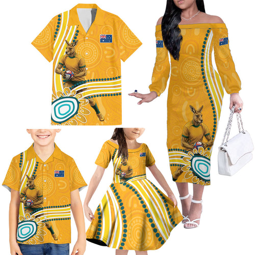 Personalised Australian Rugby Wallabies Family Matching Off The Shoulder Long Sleeve Dress and Hawaiian Shirt Aboriginal Art Kangaroo Player Design