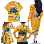 Personalised Australian Rugby Wallabies Family Matching Off The Shoulder Long Sleeve Dress and Hawaiian Shirt Aboriginal Art Kangaroo Player Design