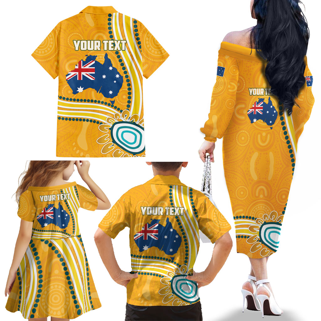Personalised Australian Rugby Wallabies Family Matching Off The Shoulder Long Sleeve Dress and Hawaiian Shirt Aboriginal Art Kangaroo Player Design
