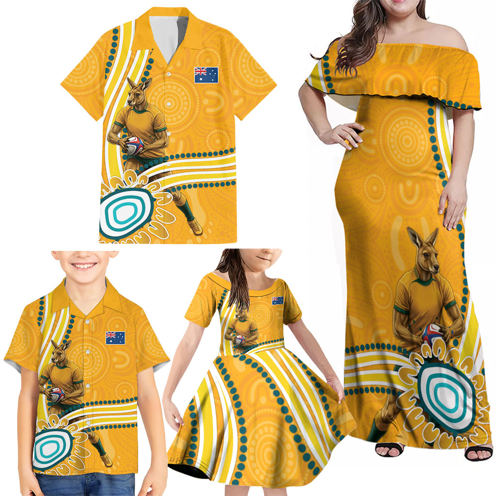 Personalised Australian Rugby Wallabies Family Matching Off Shoulder Maxi Dress and Hawaiian Shirt Aboriginal Art Kangaroo Player Design