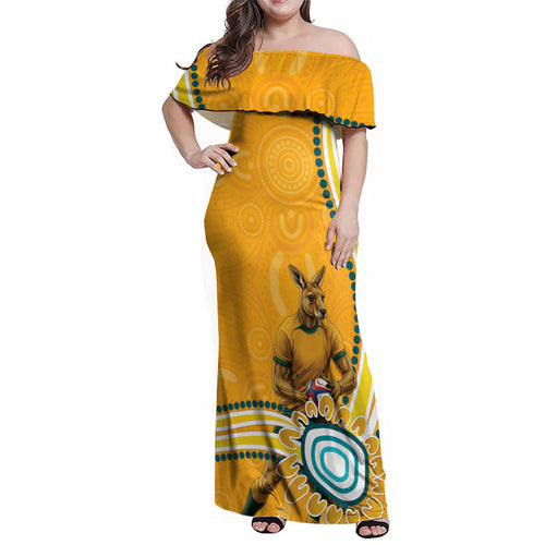 Personalised Australian Rugby Wallabies Family Matching Off Shoulder Maxi Dress and Hawaiian Shirt Aboriginal Art Kangaroo Player Design