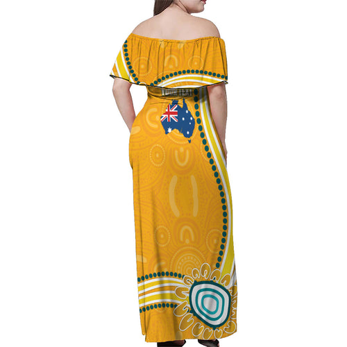 Personalised Australian Rugby Wallabies Family Matching Off Shoulder Maxi Dress and Hawaiian Shirt Aboriginal Art Kangaroo Player Design