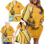 Personalised Australian Rugby Wallabies Family Matching Off Shoulder Short Dress and Hawaiian Shirt Aboriginal Art Kangaroo Player Design