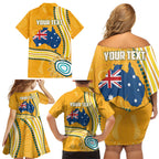 Personalised Australian Rugby Wallabies Family Matching Off Shoulder Short Dress and Hawaiian Shirt Aboriginal Art Kangaroo Player Design