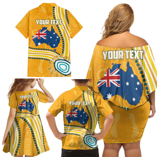 Personalised Australian Rugby Wallabies Family Matching Off Shoulder Short Dress and Hawaiian Shirt Aboriginal Art Kangaroo Player Design