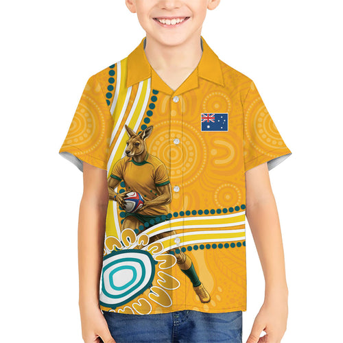 Personalised Australian Rugby Wallabies Family Matching Off Shoulder Short Dress and Hawaiian Shirt Aboriginal Art Kangaroo Player Design