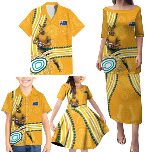 Personalised Australian Rugby Wallabies Family Matching Puletasi and Hawaiian Shirt Aboriginal Art Kangaroo Player Design