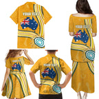 Personalised Australian Rugby Wallabies Family Matching Puletasi and Hawaiian Shirt Aboriginal Art Kangaroo Player Design