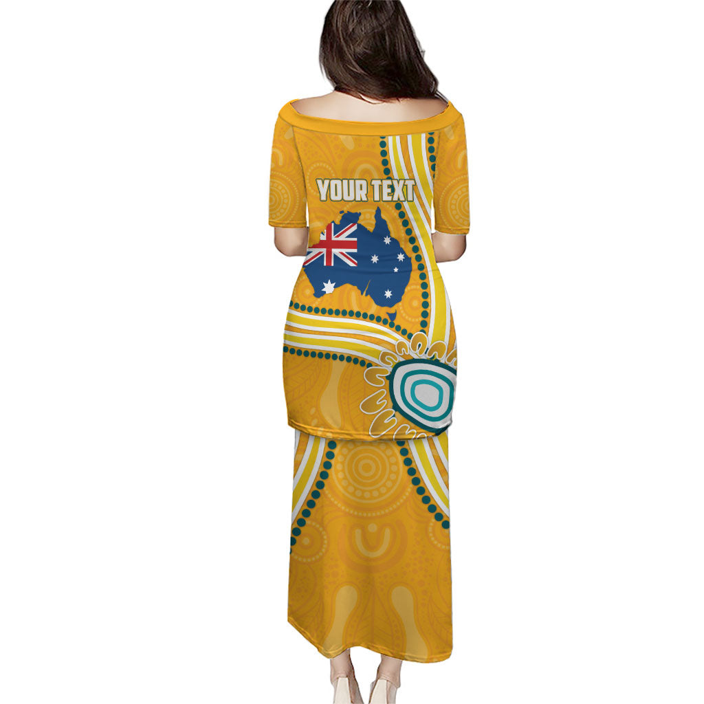 Personalised Australian Rugby Wallabies Family Matching Puletasi and Hawaiian Shirt Aboriginal Art Kangaroo Player Design