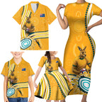 Personalised Australian Rugby Wallabies Family Matching Short Sleeve Bodycon Dress and Hawaiian Shirt Aboriginal Art Kangaroo Player Design