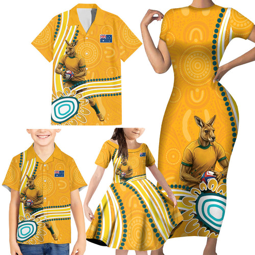 Personalised Australian Rugby Wallabies Family Matching Short Sleeve Bodycon Dress and Hawaiian Shirt Aboriginal Art Kangaroo Player Design