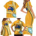 Personalised Australian Rugby Wallabies Family Matching Short Sleeve Bodycon Dress and Hawaiian Shirt Aboriginal Art Kangaroo Player Design