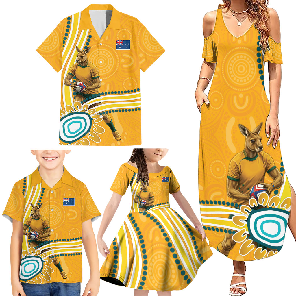 Personalised Australian Rugby Wallabies Family Matching Summer Maxi Dress and Hawaiian Shirt Aboriginal Art Kangaroo Player Design