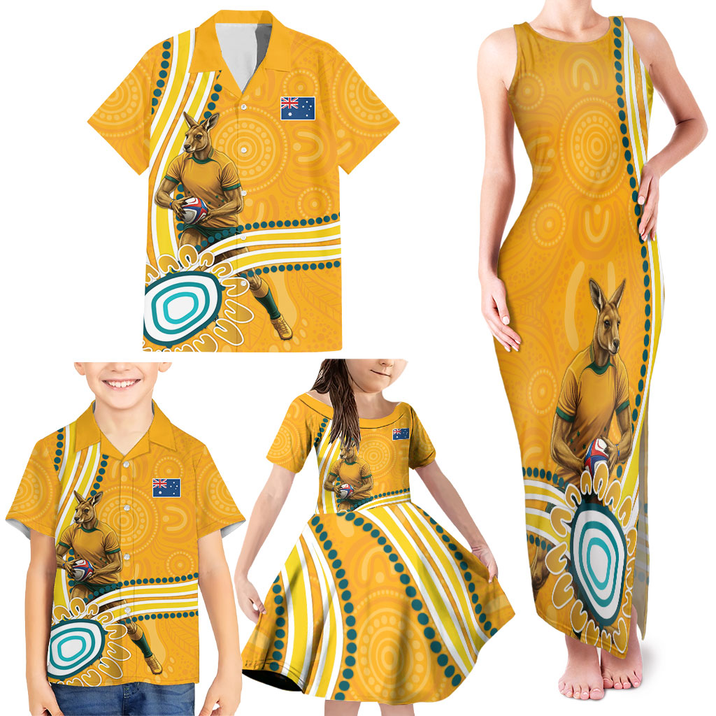 Personalised Australian Rugby Wallabies Family Matching Tank Maxi Dress and Hawaiian Shirt Aboriginal Art Kangaroo Player Design