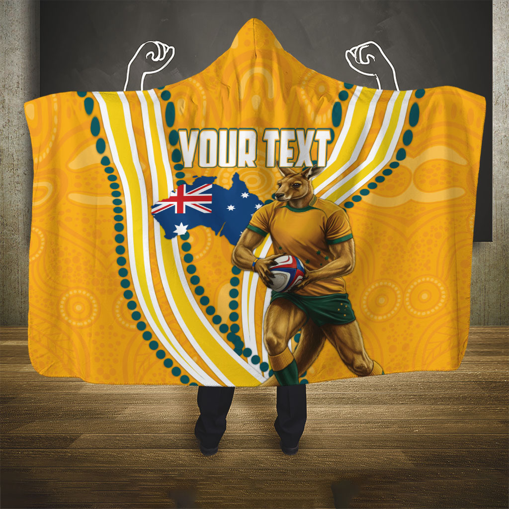 Personalised Australian Rugby Wallabies Hooded Blanket Aboriginal Art Kangaroo Player Design