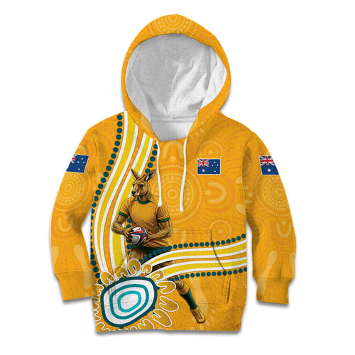 Personalised Australian Rugby Wallabies Kid Hoodie Aboriginal Art Kangaroo Player Design