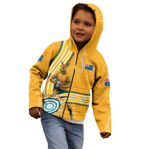 Personalised Australian Rugby Wallabies Kid Hoodie Aboriginal Art Kangaroo Player Design