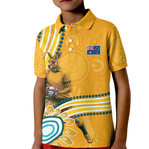 Personalised Australian Rugby Wallabies Kid Polo Shirt Aboriginal Art Kangaroo Player Design