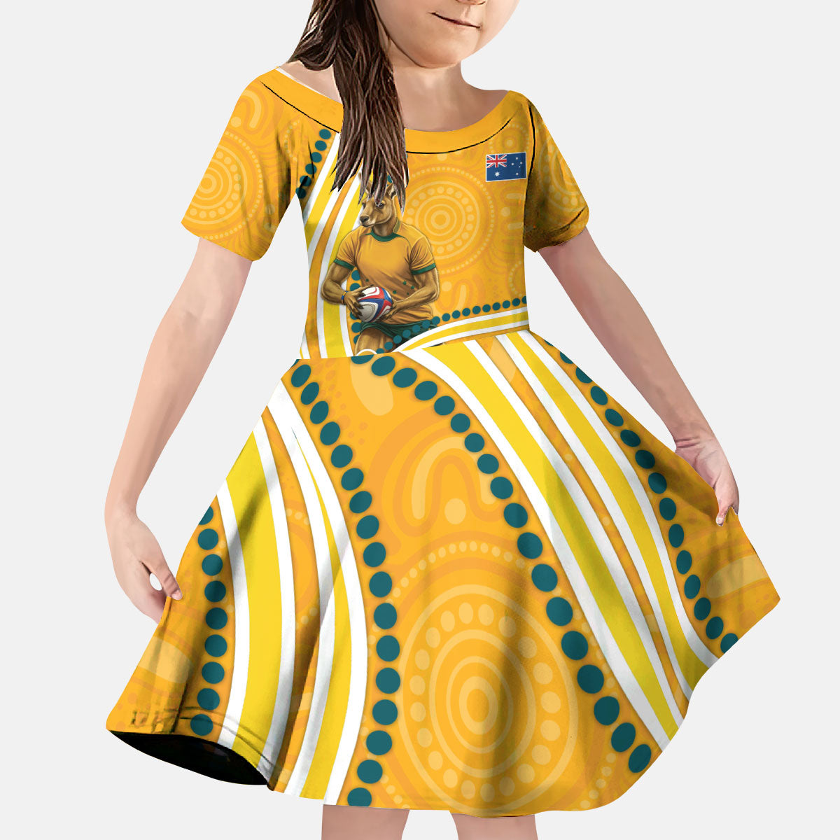 Personalised Australian Rugby Wallabies Kid Short Sleeve Dress Aboriginal Art Kangaroo Player Design