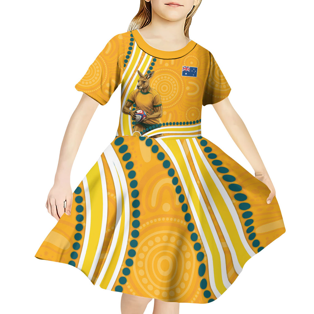 Personalised Australian Rugby Wallabies Kid Short Sleeve Dress Aboriginal Art Kangaroo Player Design