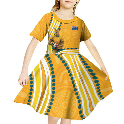 Personalised Australian Rugby Wallabies Kid Short Sleeve Dress Aboriginal Art Kangaroo Player Design