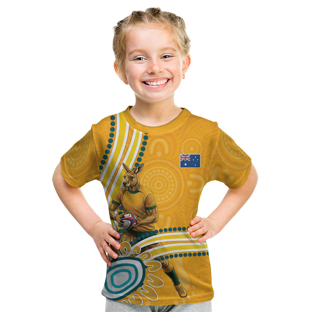 Personalised Australian Rugby Wallabies Kid T Shirt Aboriginal Art Kangaroo Player Design