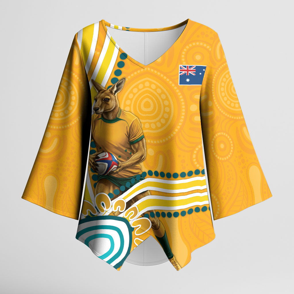 Personalised Australian Rugby Wallabies Kimono Sleeve Blouse Aboriginal Art Kangaroo Player Design