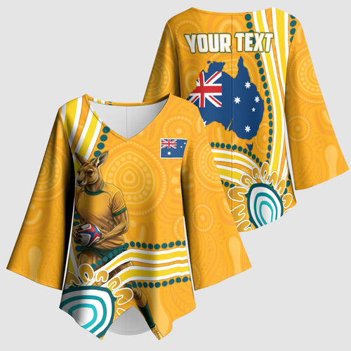 Personalised Australian Rugby Wallabies Kimono Sleeve Blouse Aboriginal Art Kangaroo Player Design
