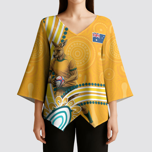 Personalised Australian Rugby Wallabies Kimono Sleeve Blouse Aboriginal Art Kangaroo Player Design
